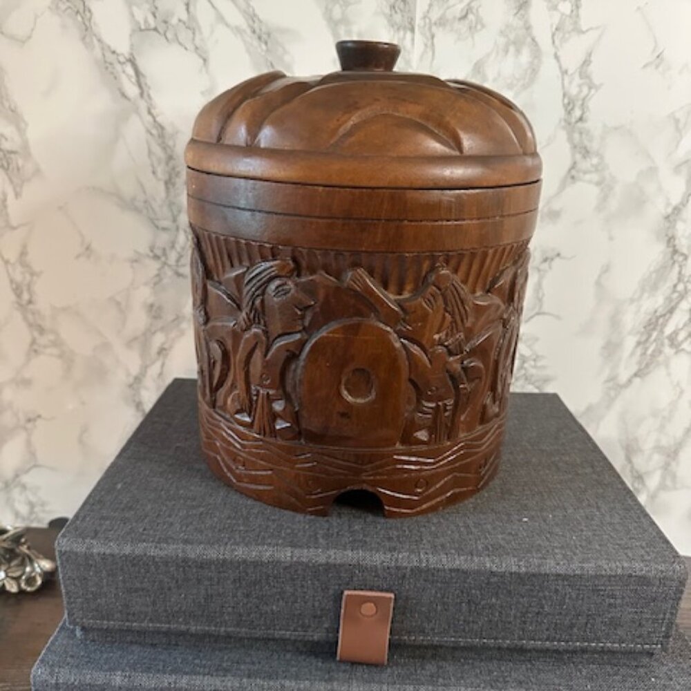 Unique Mid Century carved bucket/cansiter with lid
